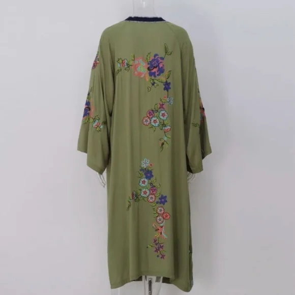 SOLD OUT Olive Floral Embroidered Cover Up Duster Kimono - Picture 5 of 10